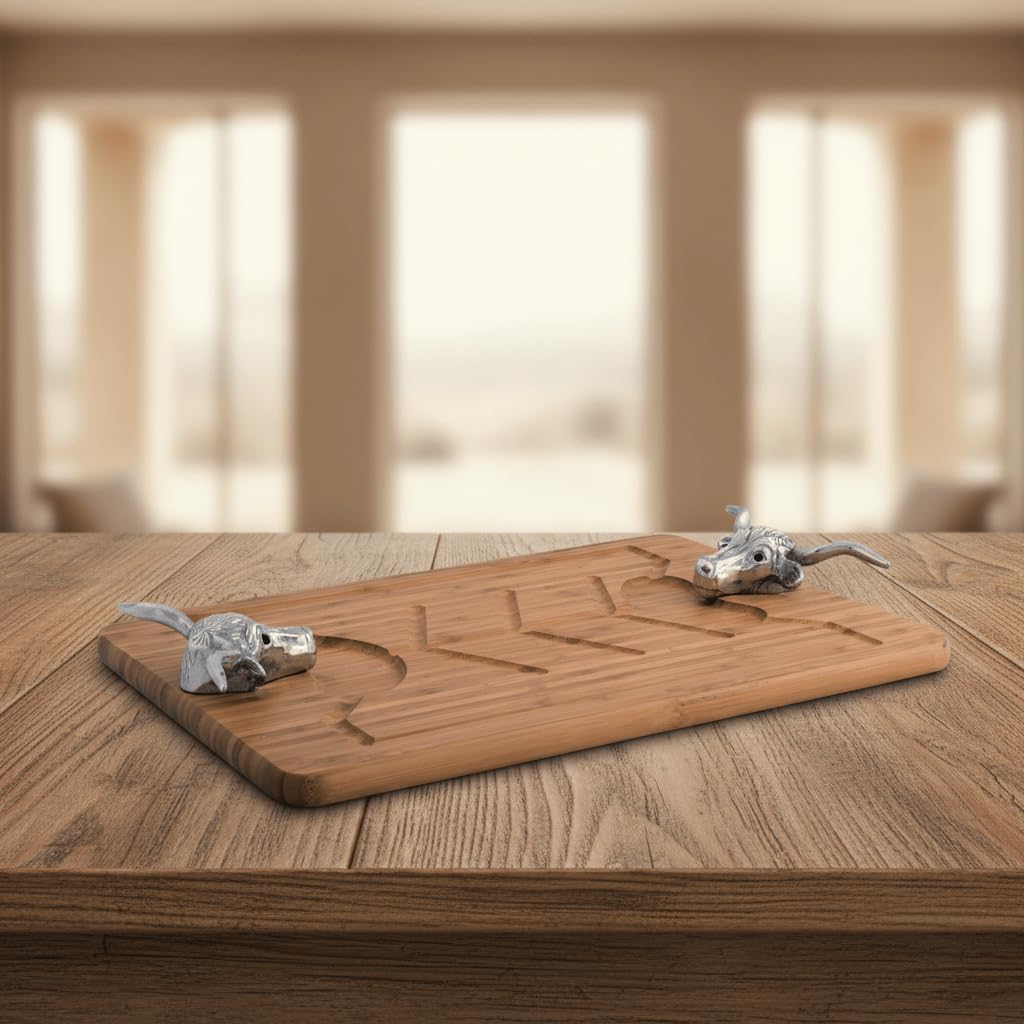 Longhorn Carving Board - Bamboo Wood with Aluminum Handle - Perfect for Serving Meats or Appetizers - 20 x 13 Inches