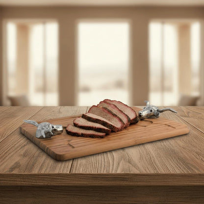 Longhorn Carving Board - Bamboo Wood with Aluminum Handle - Perfect for Serving Meats or Appetizers - 20 x 13 Inches