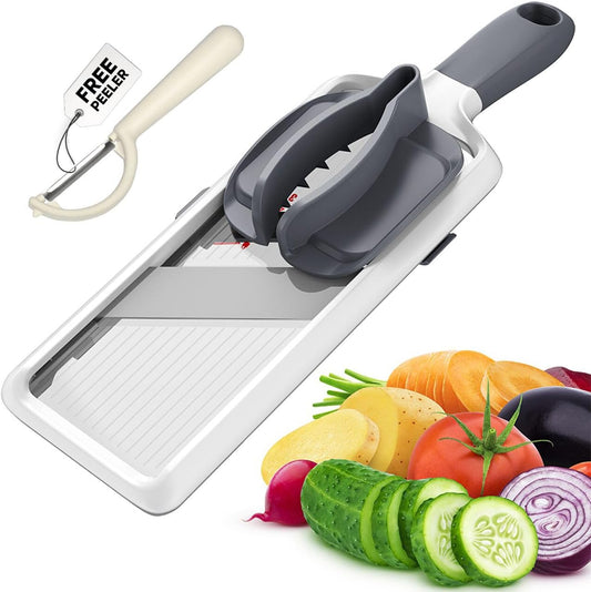 Multi Handheld Mandoline Slicer - Adjustable Stainless Steel Blade | Hand Guard & Peeler Included, 1-4 mm Adjustable,Non-Slip Grip, Easy Rinse Clean, Space Saving, For Salad Stir-Fry Meal Prep