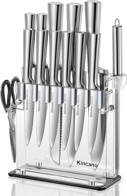 Knife Set, 14 PCS High Carbon Stainless Steel Super Sharp Kitchen Knife Set for Chef with Acrylic Stand, include Steak Knives, Sharpener and Scissors, Ergonomical Design