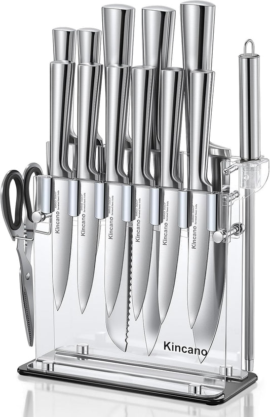 Knife Set, 14 PCS High Carbon Stainless Steel Super Sharp Kitchen Knife Set for Chef with Acrylic Stand, include Steak Knives, Sharpener and Scissors, Ergonomical Design