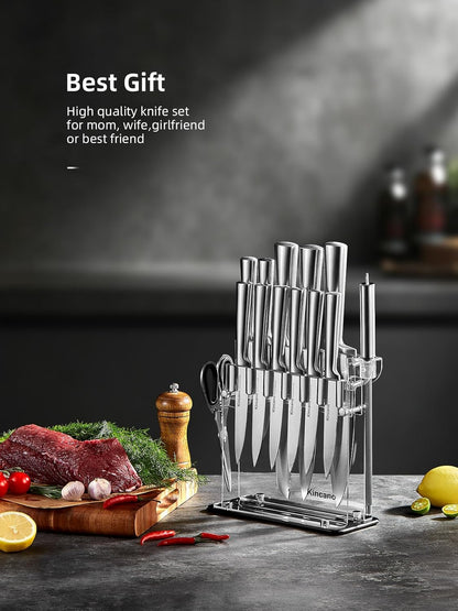 Knife Set, 14 PCS High Carbon Stainless Steel Super Sharp Kitchen Knife Set for Chef with Acrylic Stand, include Steak Knives, Sharpener and Scissors, Ergonomical Design