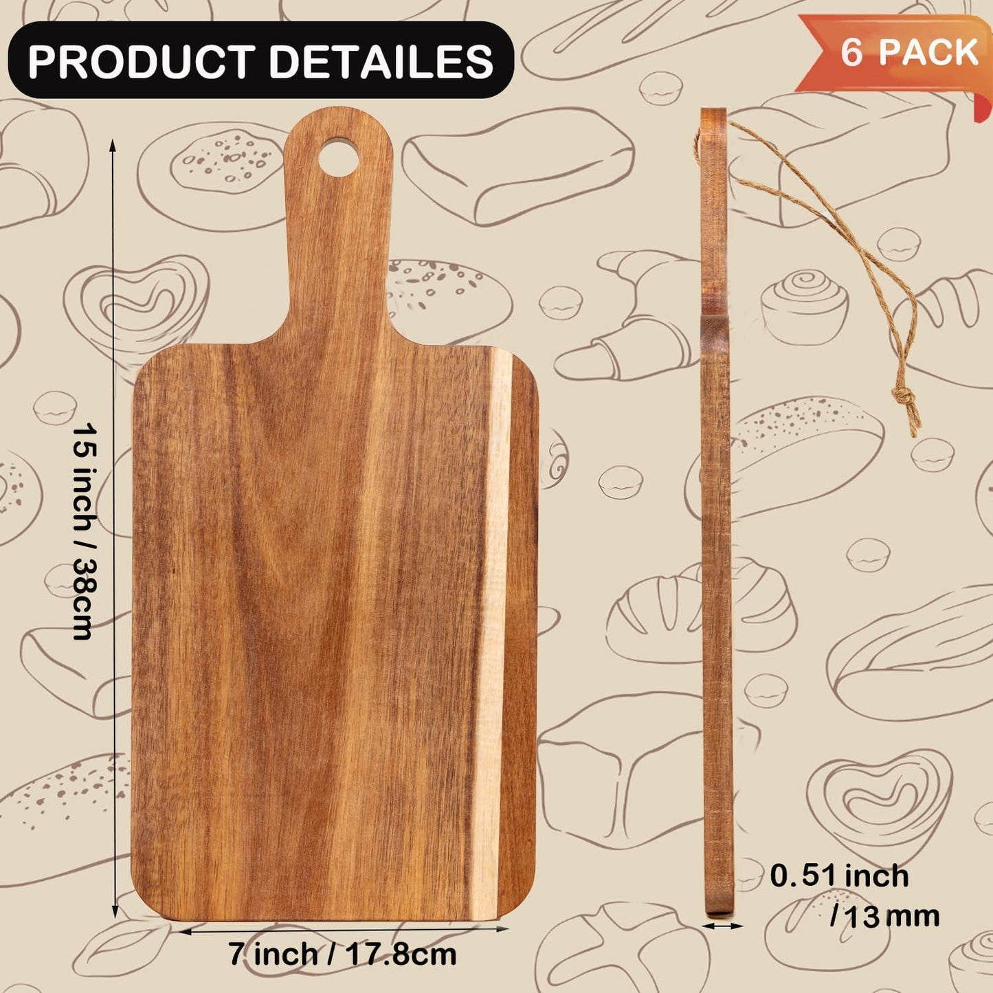 6 Pcs Small Wooden Bulk Cutting Board with Handle, 11 inch Mini Acacia Wood Cutting Boards Bulk for Kitchen, Charcuterie Boards Bulk, Serving Board for Cheese Bread Meat Fruits