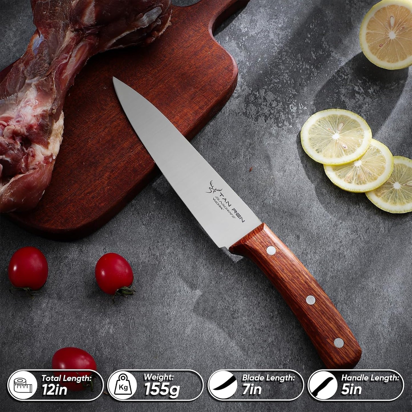 TAN REN Japanese Gyuto Chef Knife, 7 Inch Stainless Steel Chef Knife | Full Tang Kitchen Knife with Ergonomic Wooden Handle for Meat, Vegetables and Fruits