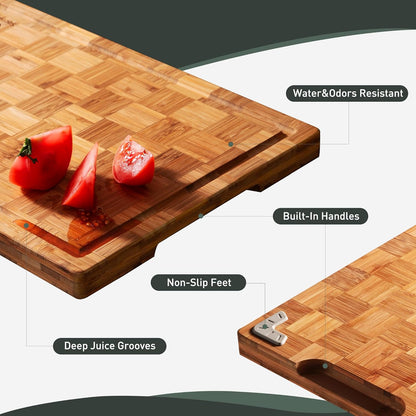 3 Pack Heavy Duty Bamboo Cutting Board Set Non Toxic Wooden Cutting Board for Kitchen Non Slip Solid End Grain Thick Wood Juice Groove Chopping Board Extra Large Butcher Block Best House Warming Gift