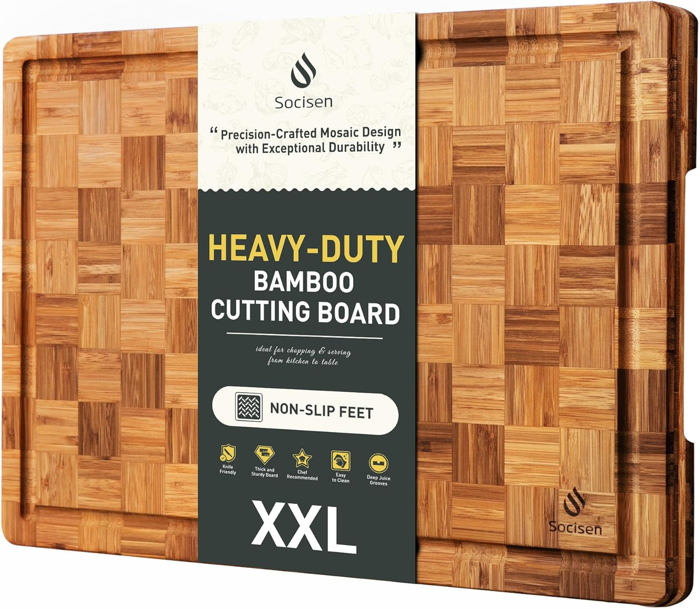 3 Pack Heavy Duty Bamboo Cutting Board Set Non Toxic Wooden Cutting Board for Kitchen Non Slip Solid End Grain Thick Wood Juice Groove Chopping Board Extra Large Butcher Block Best House Warming Gift