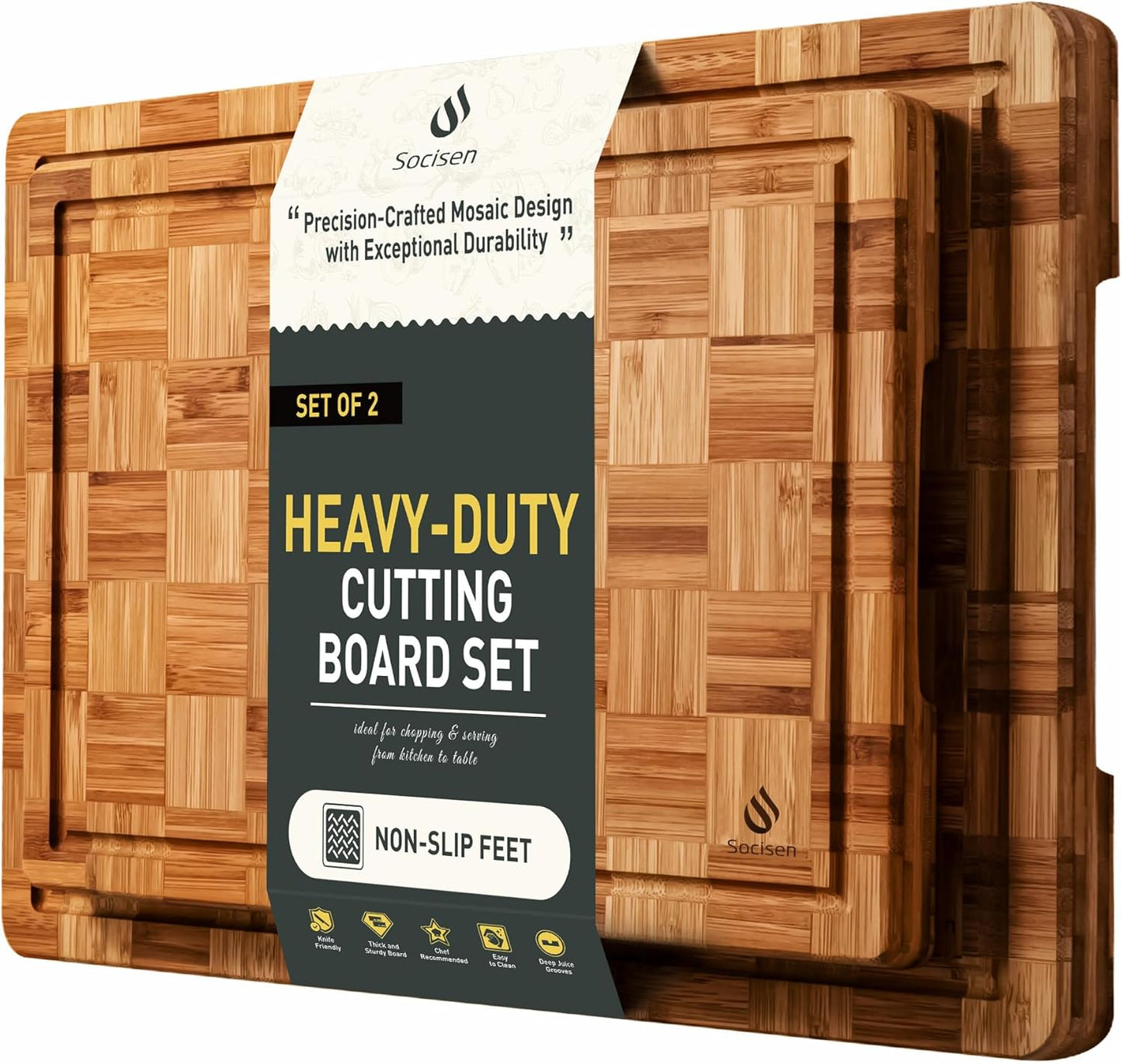 3 Pack Heavy Duty Bamboo Cutting Board Set Non Toxic Wooden Cutting Board for Kitchen Non Slip Solid End Grain Thick Wood Juice Groove Chopping Board Extra Large Butcher Block Best House Warming Gift