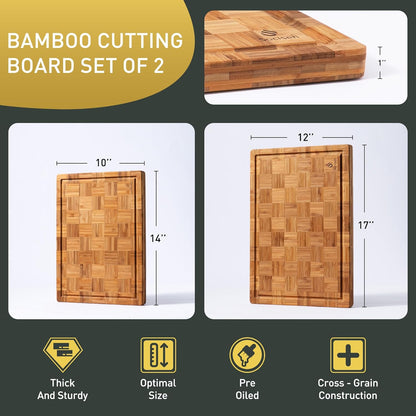 3 Pack Heavy Duty Bamboo Cutting Board Set Non Toxic Wooden Cutting Board for Kitchen Non Slip Solid End Grain Thick Wood Juice Groove Chopping Board Extra Large Butcher Block Best House Warming Gift