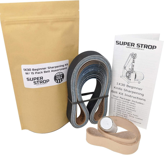 1X30 Beginner Knife Sharpening Kit With 15 Pack Sanding Assortment and Leather Honing Belt - Detailed Instructions Included