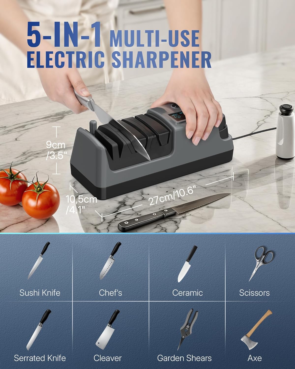 Electric Knife Sharpener, 5-in-1, 3 Rotational Speed Adjustable Electric Knife Sharpener for Straight/Serrated/Ceramic Knives, Scissors, Chef Knives, Axes, Gray H01KS06