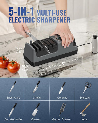 Electric Knife Sharpener, 5-in-1, 3 Rotational Speed Adjustable Electric Knife Sharpener for Straight/Serrated/Ceramic Knives, Scissors, Chef Knives, Axes, Gray H01KS06