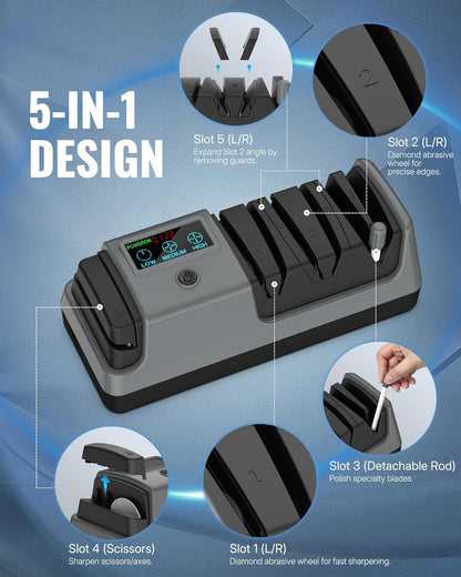 Electric Knife Sharpener, 5-in-1, 3 Rotational Speed Adjustable Electric Knife Sharpener for Straight/Serrated/Ceramic Knives, Scissors, Chef Knives, Axes, Gray H01KS06