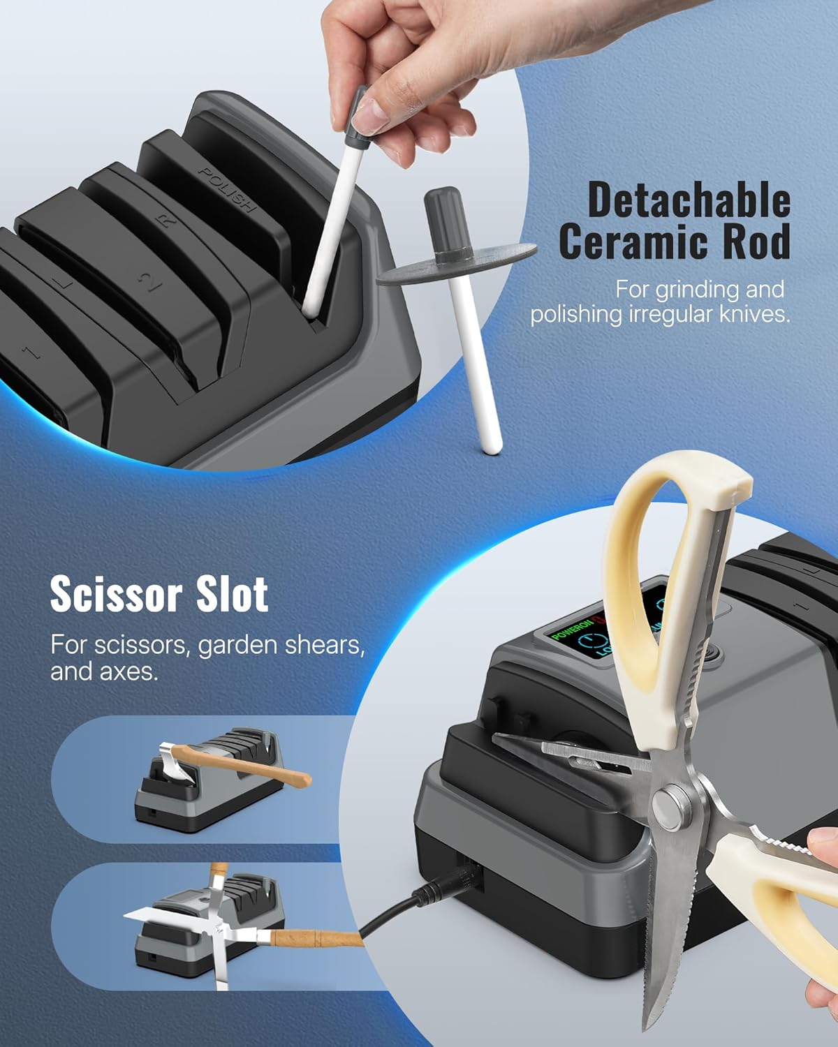Electric Knife Sharpener, 5-in-1, 3 Rotational Speed Adjustable Electric Knife Sharpener for Straight/Serrated/Ceramic Knives, Scissors, Chef Knives, Axes, Gray H01KS06