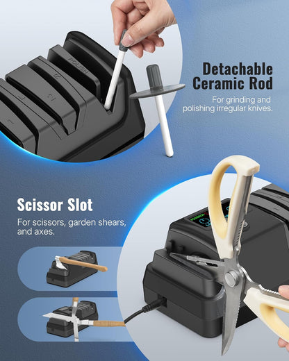 Electric Knife Sharpener, 5-in-1, 3 Rotational Speed Adjustable Electric Knife Sharpener for Straight/Serrated/Ceramic Knives, Scissors, Chef Knives, Axes, Gray H01KS06