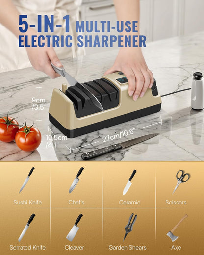 Electric Knife Sharpener, 5-in-1, 3 Rotational Speed Adjustable Electric Knife Sharpener for Straight/Serrated/Ceramic Knives, Scissors, Chef Knives, Axes, Gray H01KS06