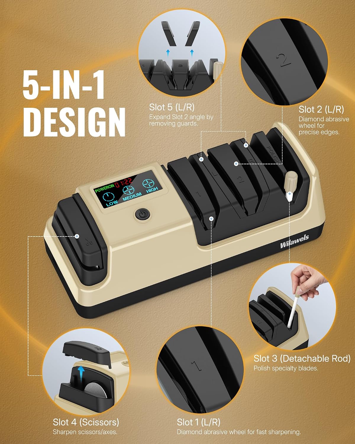 Electric Knife Sharpener, 5-in-1, 3 Rotational Speed Adjustable Electric Knife Sharpener for Straight/Serrated/Ceramic Knives, Scissors, Chef Knives, Axes, Gray H01KS06