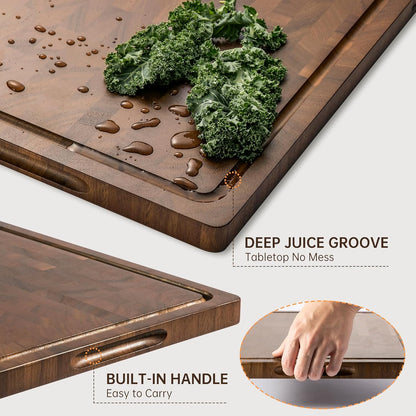 Walnut Wood Cutting Board, End Grain Cutting Boards for Kitchen, Wooden Chopping Board with Inner Handle & Juice Groove, Reversible Butcher Block Meal Prep & Serving with Gift Box, 17"×13"×1"