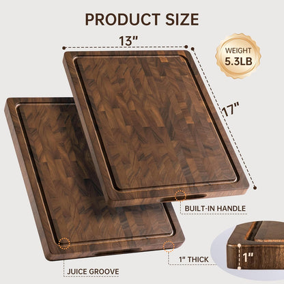 Walnut Wood Cutting Board, End Grain Cutting Boards for Kitchen, Wooden Chopping Board with Inner Handle & Juice Groove, Reversible Butcher Block Meal Prep & Serving with Gift Box, 17"×13"×1"