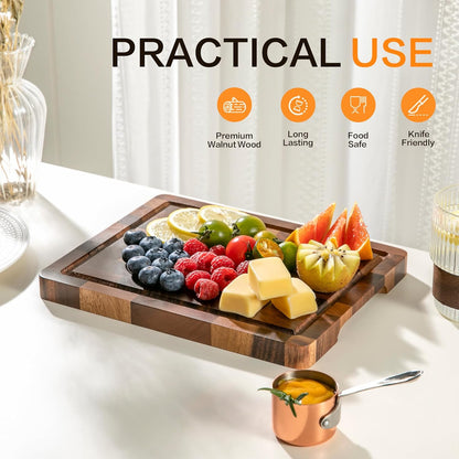 Walnut Wood Cutting Board, End Grain Cutting Boards for Kitchen, Wooden Chopping Board with Inner Handle & Juice Groove, Reversible Butcher Block Meal Prep & Serving with Gift Box, 17"×13"×1"