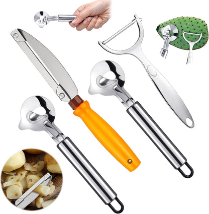 4 Pcs Cactus Peeler Tools Set, Peeler Spoon, Stainless Steel Cactus Paring Knife Long Handle with Hole Slicing Noodle Cutter for Kitchen Cooking, Cuchara Multi-function Pelador De Nopales