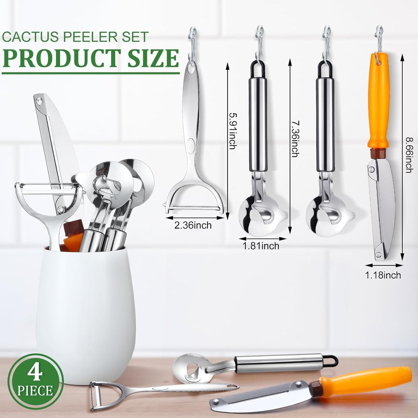 4 Pcs Cactus Peeler Tools Set, Peeler Spoon, Stainless Steel Cactus Paring Knife Long Handle with Hole Slicing Noodle Cutter for Kitchen Cooking, Cuchara Multi-function Pelador De Nopales