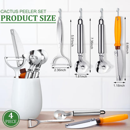 4 Pcs Cactus Peeler Tools Set, Peeler Spoon, Stainless Steel Cactus Paring Knife Long Handle with Hole Slicing Noodle Cutter for Kitchen Cooking, Cuchara Multi-function Pelador De Nopales