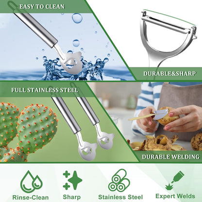 4 Pcs Cactus Peeler Tools Set, Peeler Spoon, Stainless Steel Cactus Paring Knife Long Handle with Hole Slicing Noodle Cutter for Kitchen Cooking, Cuchara Multi-function Pelador De Nopales