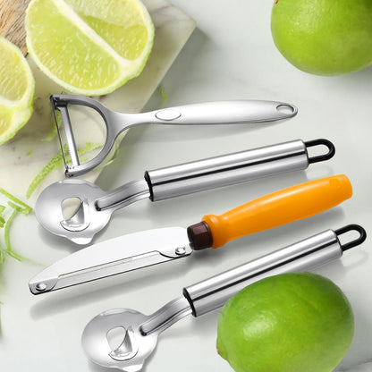4 Pcs Cactus Peeler Tools Set, Peeler Spoon, Stainless Steel Cactus Paring Knife Long Handle with Hole Slicing Noodle Cutter for Kitchen Cooking, Cuchara Multi-function Pelador De Nopales