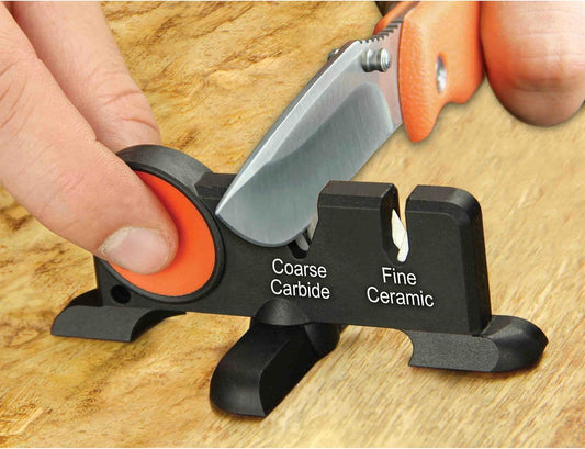 Edge-X, Pocket Sized 2-Stage Carbide/Ceramic Abrasive Knife Sharpener with Folding X-Base that Improves Stability for all Outdoor and Kitchen Knives