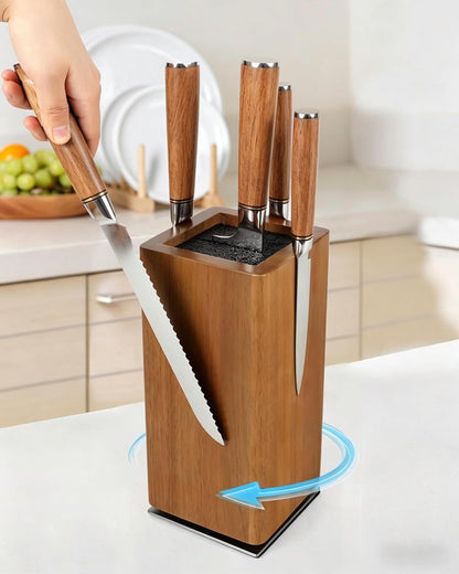 Magnetic Knife Block 360° Rotating Wood Universal Knife Holder with Four Side Ultra Strong Magnets, Knife Storage Rack with Removable Bristles, Multifunctional Storage for Kitchen Counter Top