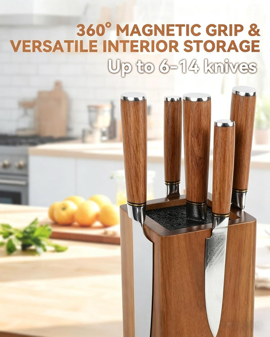 Magnetic Knife Block 360° Rotating Wood Universal Knife Holder with Four Side Ultra Strong Magnets, Knife Storage Rack with Removable Bristles, Multifunctional Storage for Kitchen Counter Top