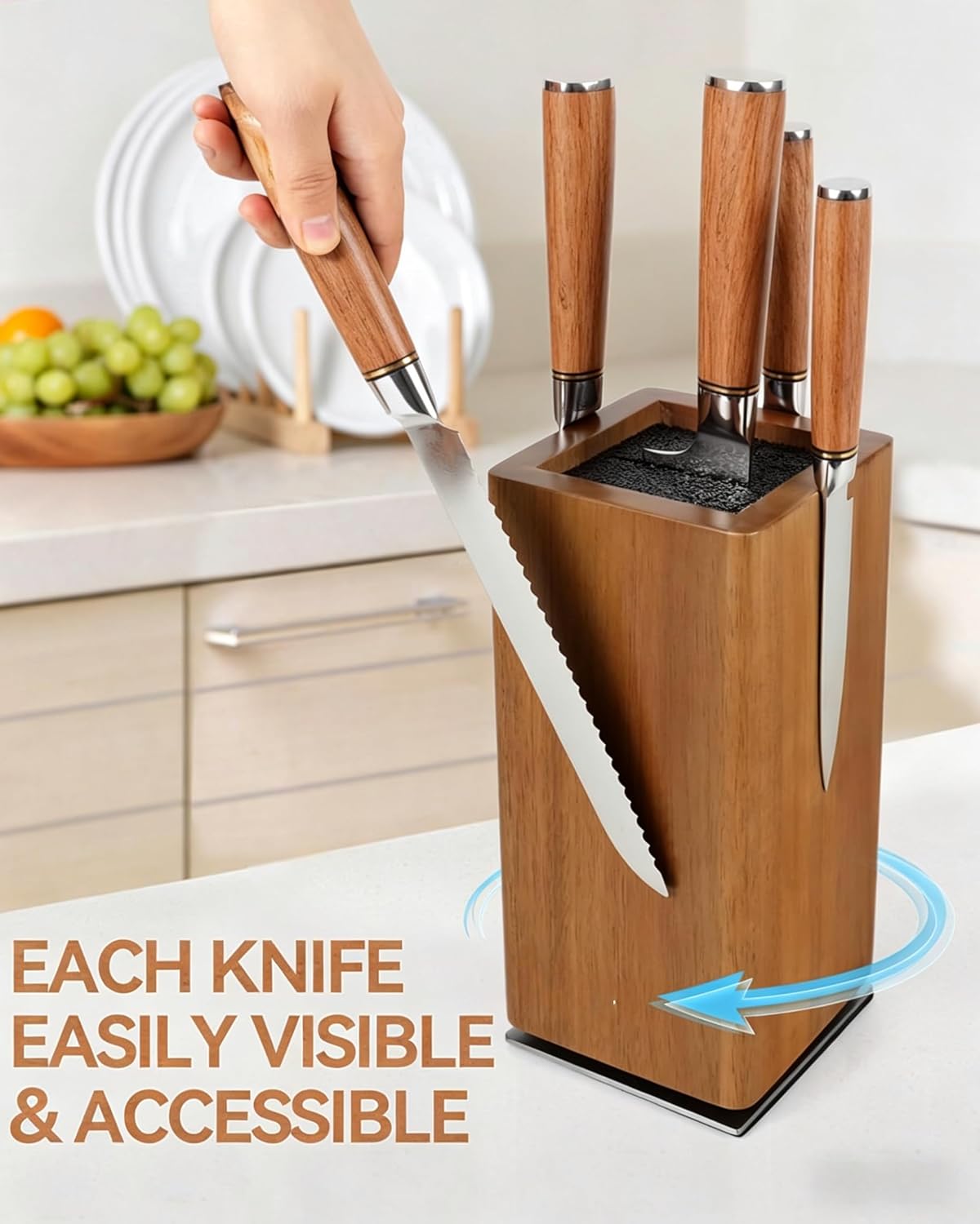 Magnetic Knife Block 360° Rotating Wood Universal Knife Holder with Four Side Ultra Strong Magnets, Knife Storage Rack with Removable Bristles, Multifunctional Storage for Kitchen Counter Top