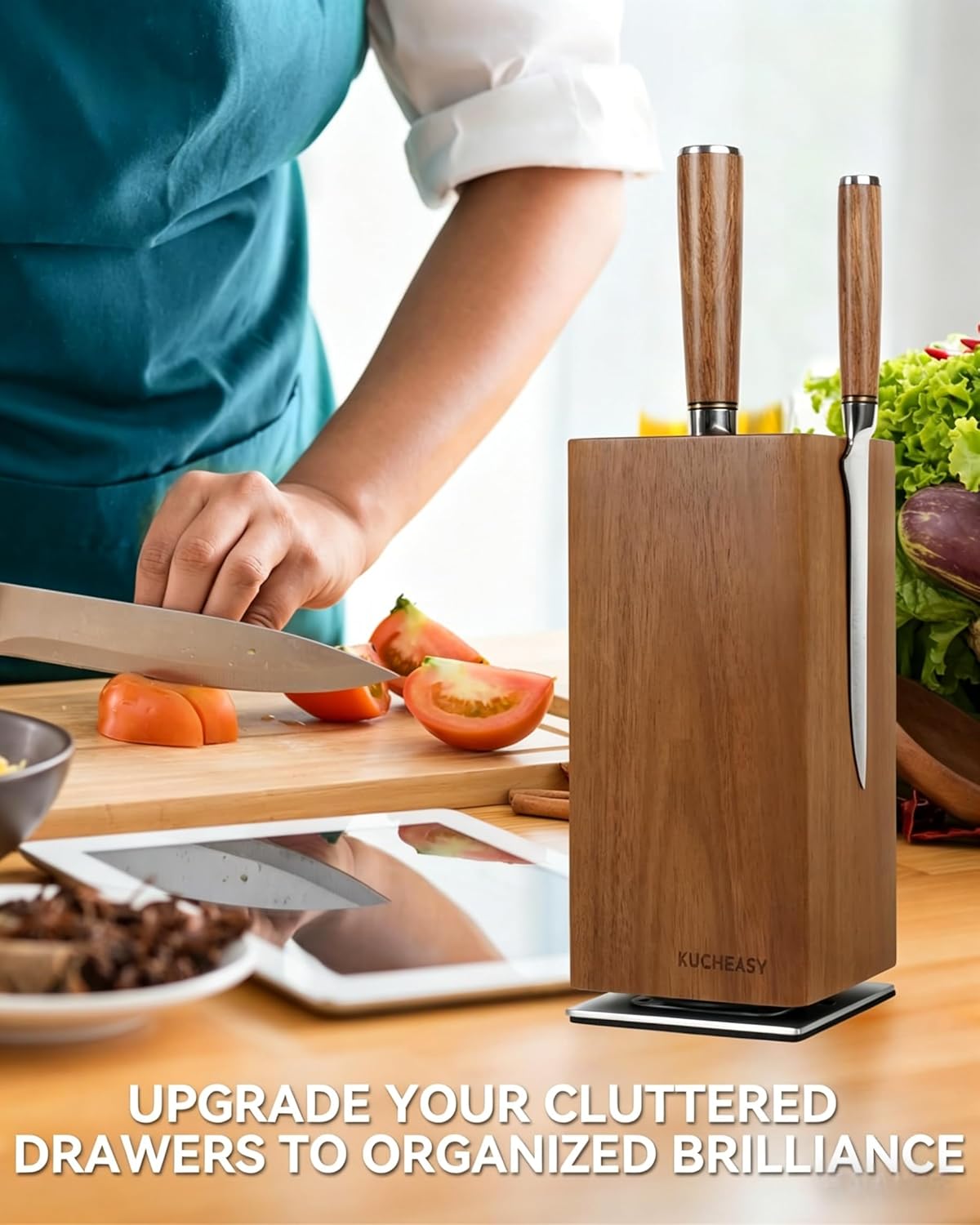 Magnetic Knife Block 360° Rotating Wood Universal Knife Holder with Four Side Ultra Strong Magnets, Knife Storage Rack with Removable Bristles, Multifunctional Storage for Kitchen Counter Top