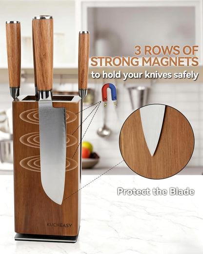 Magnetic Knife Block 360° Rotating Wood Universal Knife Holder with Four Side Ultra Strong Magnets, Knife Storage Rack with Removable Bristles, Multifunctional Storage for Kitchen Counter Top