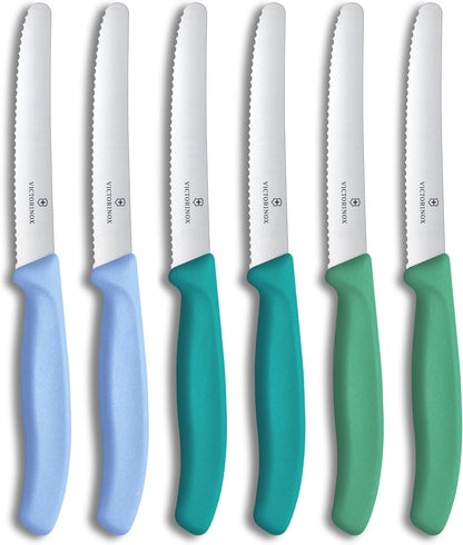 Swiss Classic, Tomato-Bread Knife Set, 6-pieces, sharp blade, serrated edge, 4.3 Inch, stainless steel, Sky Blue,Turquoise, Green