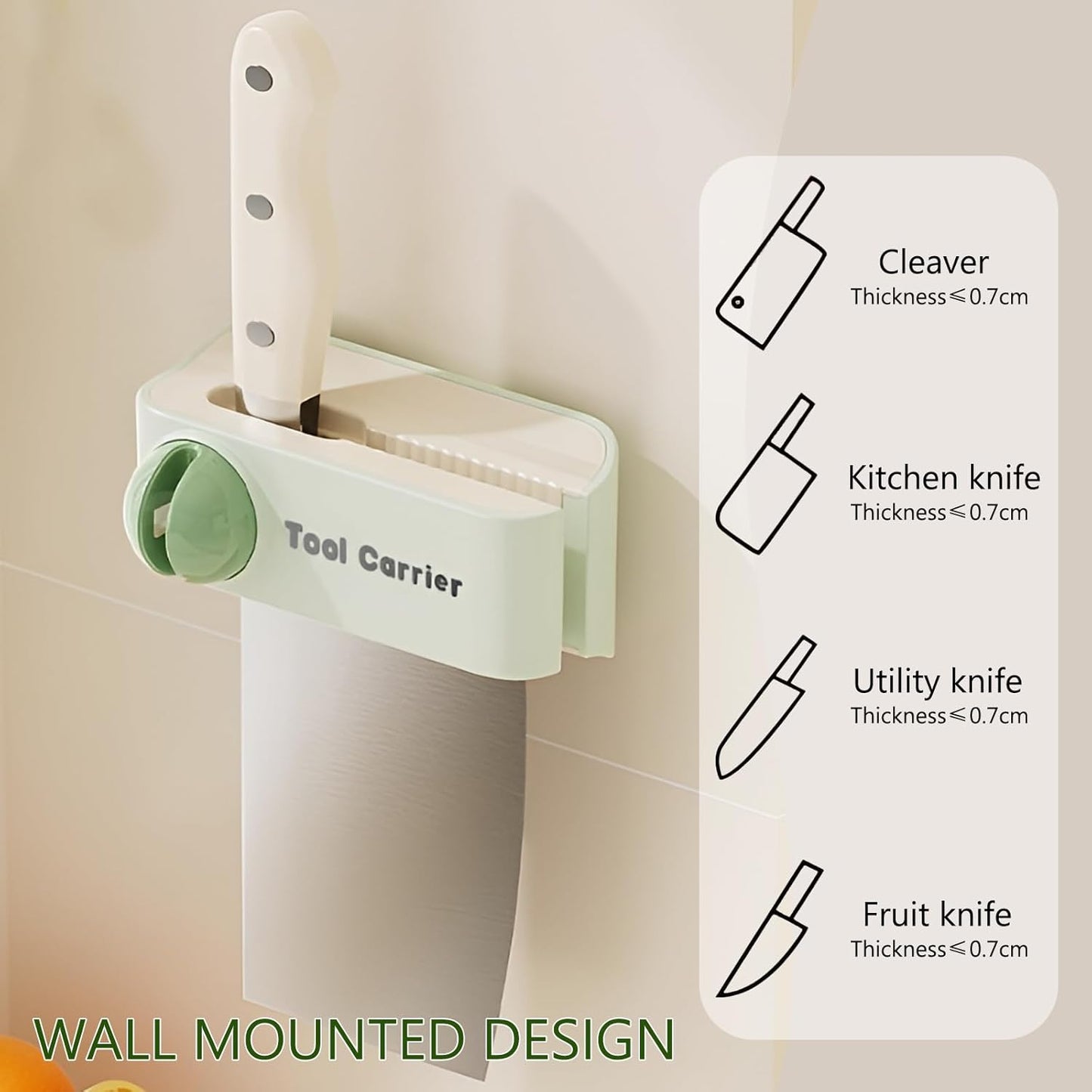 2-in-1 Wall Mounted Knife Holder & Sharpener, No Drilling Kitchen Knife Storage Rack with Built-In Ceramic Sharpening Rod, Air Dry Design to Prevent Rust
