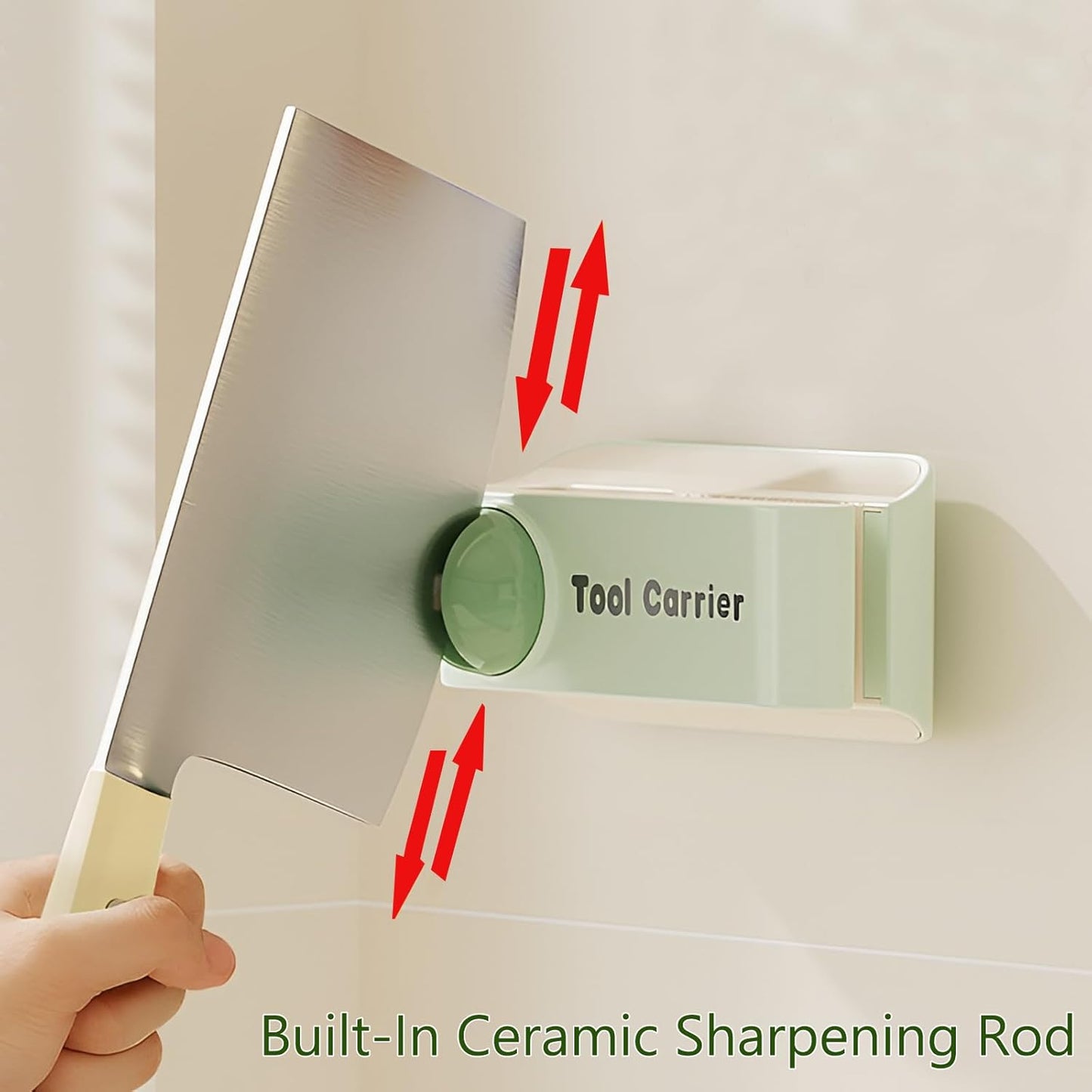 2-in-1 Wall Mounted Knife Holder & Sharpener, No Drilling Kitchen Knife Storage Rack with Built-In Ceramic Sharpening Rod, Air Dry Design to Prevent Rust