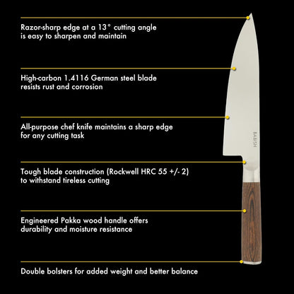 8-Inch Chef Knife – High-Carbon 1.4116 German Steel Kitchen Knife with Light Pakka Wood Handle, Full-Tang Razor Sharp Chef’s Blade for Chopping, Slicing, Dicing & Everyday Prep