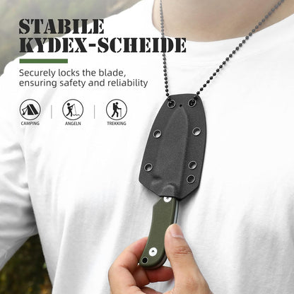 Omesio Neck Knife, Full Tang EDC Knife Necklace for Men, 5.82" Fixed Blade with Kydex SHeath and Clip, Nessmuk Blade Small D2 Steel G10 Handle for Outdoor, Survival, Camping