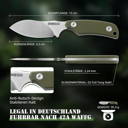 Omesio Neck Knife, Full Tang EDC Knife Necklace for Men, 5.82" Fixed Blade with Kydex SHeath and Clip, Nessmuk Blade Small D2 Steel G10 Handle for Outdoor, Survival, Camping
