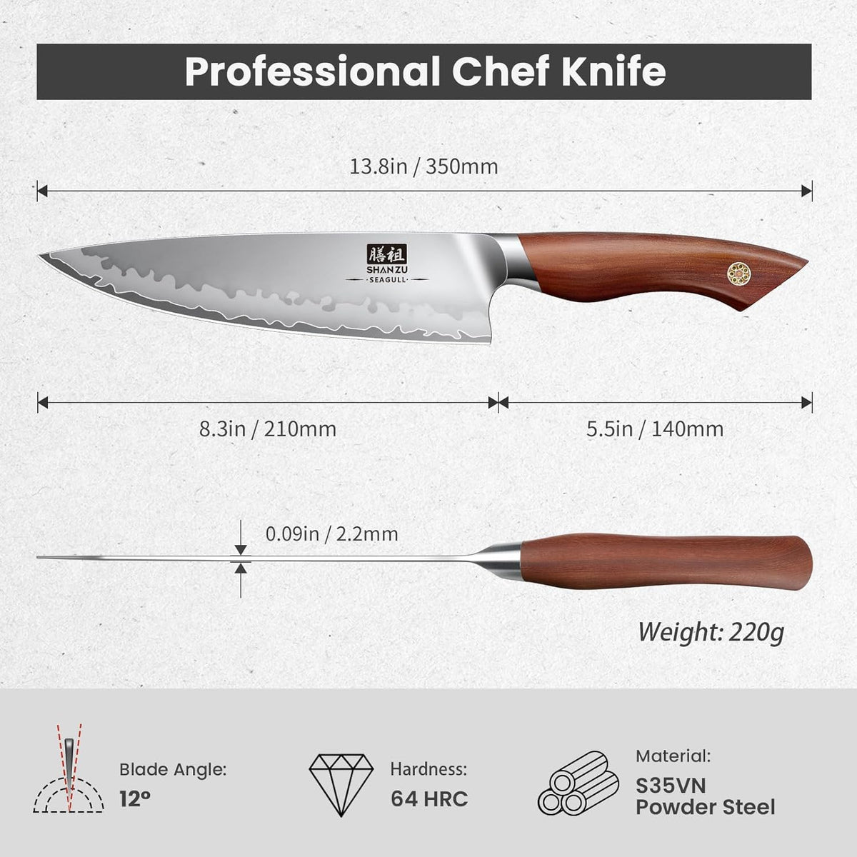 Chef Knife 8 Inch, American S35VN Powder Steel Sharp Kitchen Knife, Professional Cooking Knife with Ergonomic Red Sandalwood Handle, Meat Cutting Gyuto Knife, Gifts for Women & Men
