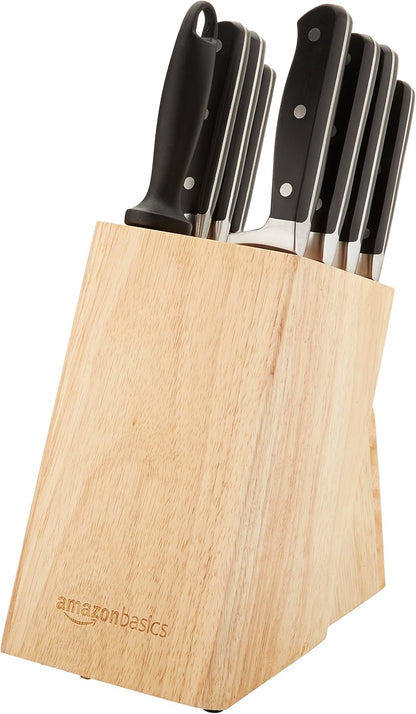 High-Carbon Stainless Steel Kitchen Knife Set with Ergonomic Handles, Full Tang Construction, Pine Wood Block, Black