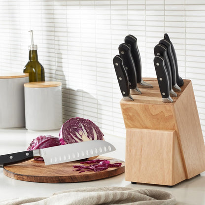 High-Carbon Stainless Steel Kitchen Knife Set with Ergonomic Handles, Full Tang Construction, Pine Wood Block, Black