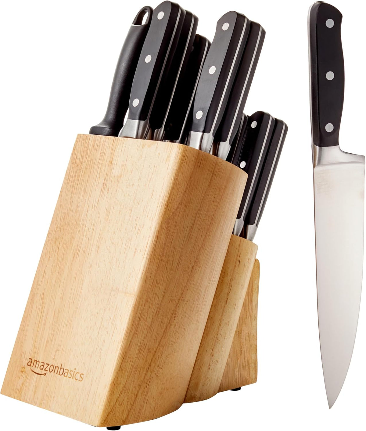 High-Carbon Stainless Steel Kitchen Knife Set with Ergonomic Handles, Full Tang Construction, Pine Wood Block, Black