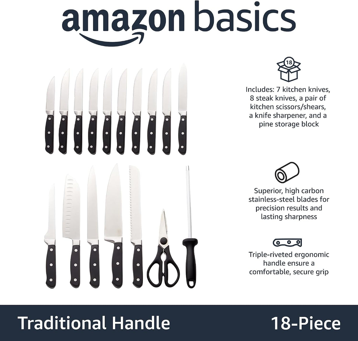 High-Carbon Stainless Steel Kitchen Knife Set with Ergonomic Handles, Full Tang Construction, Pine Wood Block, Black