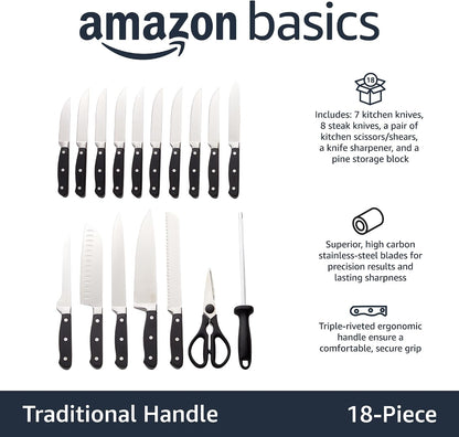High-Carbon Stainless Steel Kitchen Knife Set with Ergonomic Handles, Full Tang Construction, Pine Wood Block, Black