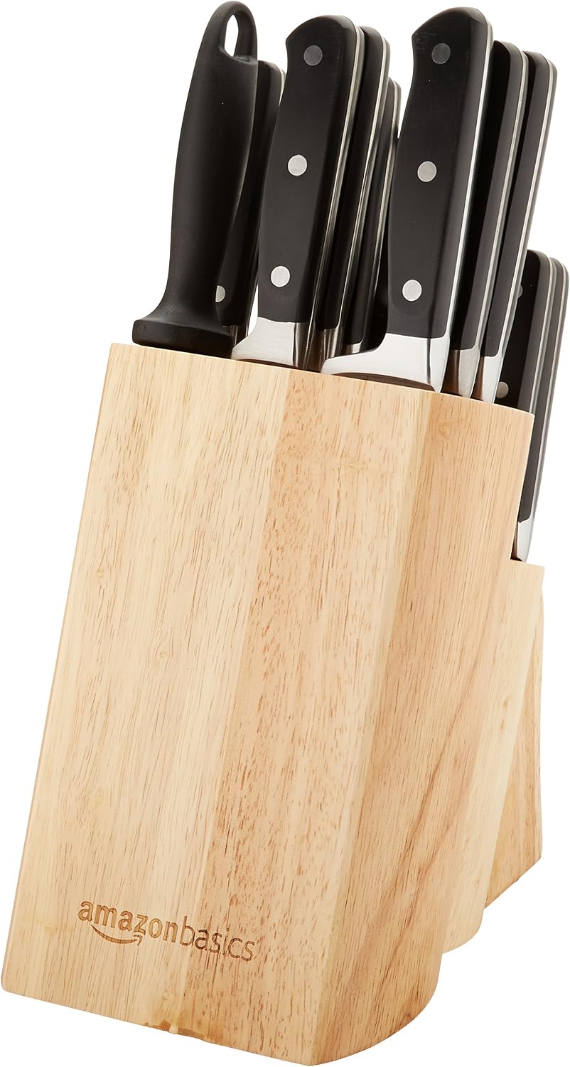 High-Carbon Stainless Steel Kitchen Knife Set with Ergonomic Handles, Full Tang Construction, Pine Wood Block, Black