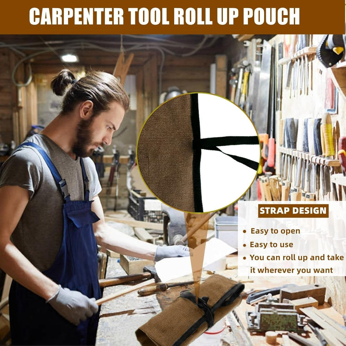 Small Canvas Chisel Roll, Chisels Bag Tool Organizer with 4 Pockets, Metal Pry Bar Plier Wrench Roll Tool Pouch for Mechanic Carpenter Craftsman (Khaki)