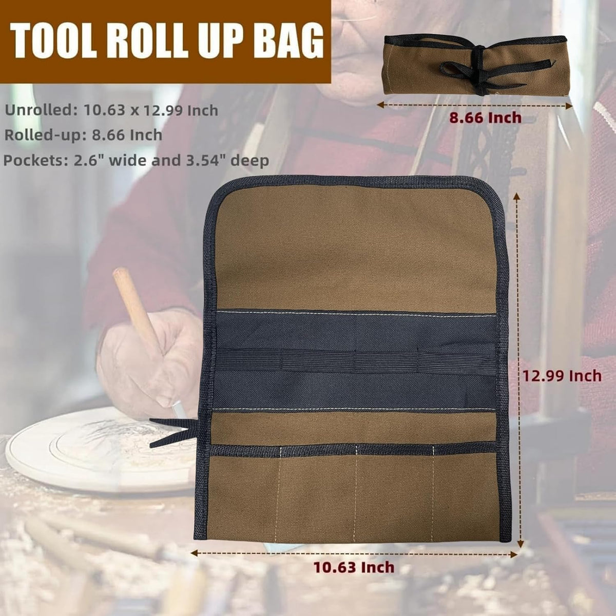 Small Canvas Chisel Roll, Chisels Bag Tool Organizer with 4 Pockets, Metal Pry Bar Plier Wrench Roll Tool Pouch for Mechanic Carpenter Craftsman (Khaki)