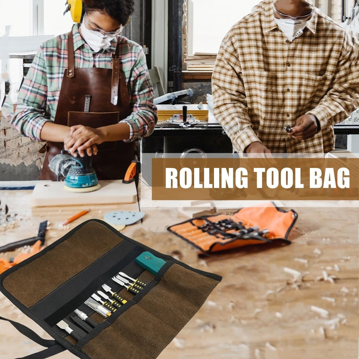 Small Canvas Chisel Roll, Chisels Bag Tool Organizer with 4 Pockets, Metal Pry Bar Plier Wrench Roll Tool Pouch for Mechanic Carpenter Craftsman (Khaki)